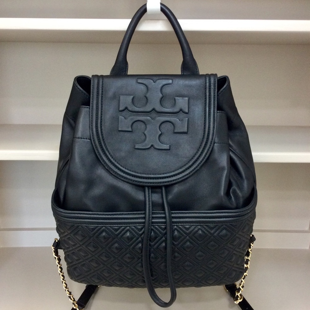Authentic Tory Burch Fleming Backpack Bag Black Leather